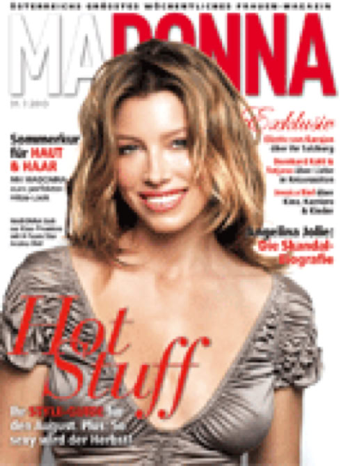 Titelseite der Zeitschrift MADONNA für Link zu: Reinkarnation. Eine Salzburger Therapeutin führte Casting Direktor Rolfe Scheider in seine früheren Leben. Bericht einer folgenschweren Seelenreise. Alexandra STROH über Ursula Demarmels in Österreichs größtem wöchentlichen Frauen-Magazin MADONNA, 31.7.2010