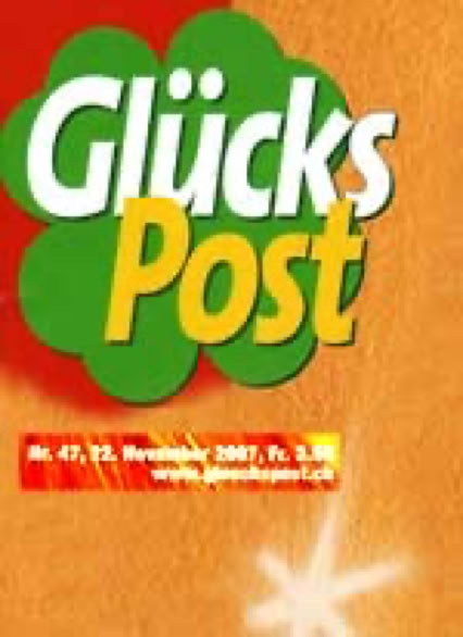 Logo GLÜCKSPOST für Link zu Spannende Reisen der Seele. René TISCHLER über Ursula Demarmels und ihr Buch "Wer war ich im Vorleben" in der beliebten Schweizer Illustrierten GLÜCKSPOST (Heft 47, 22.11.2007)